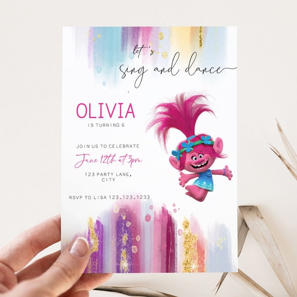 Trolls Birthday Invitation, Girl Trolls Birthday Party Invite, Editable Digital Corjl Template