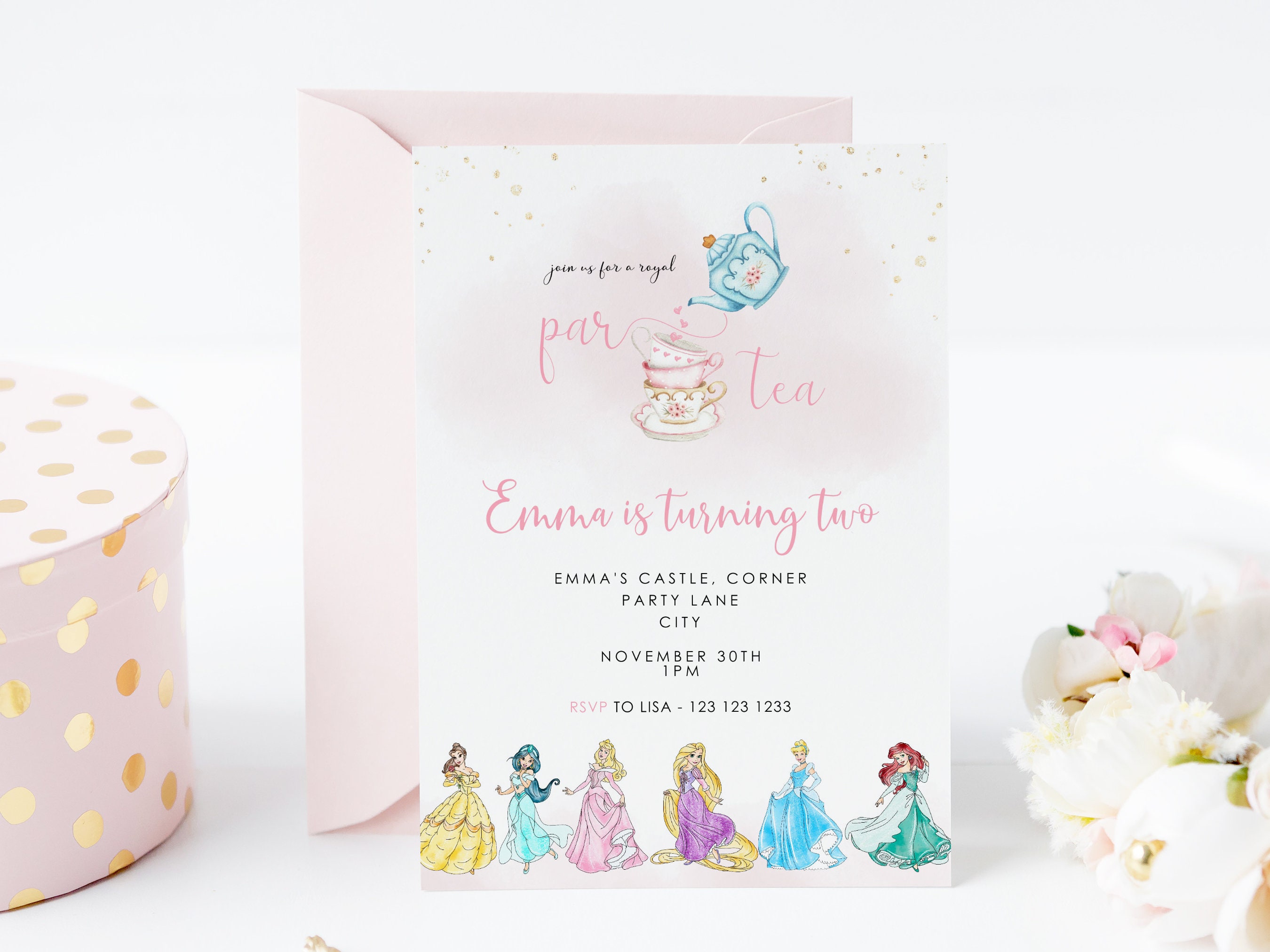 Princess Tea Party Birthday Invitation Royal Celebration Birthday Invite Editable Digital Corjl Template