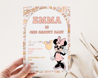 Groovy Minnie Mouse Einladung, eine Groovy Baby Minnie Mouse Geburtstagsfeier einladen, Mädchen erster Geburtstag, bearbeitbare digitale Corjl Templ