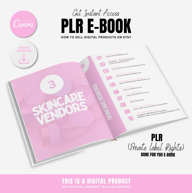 May include: A pink and white e-book cover with the title "PLR E-BOOK: How to Sell Digital Products on Etsy". The cover also includes the text "Private Label Rights Done for You E-Book" and "This is a Digital Product. No Physical Product Will Be Shipped."