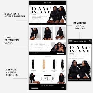 May include: A website mockup for a hair extension company called Milina Beaute. The website features a black and white color scheme with the text "RAW UNCUT" in large, bold letters. The website also features images of women wearing hair extensions. The website is designed to be responsive and can be viewed on both desktop and mobile devices.
