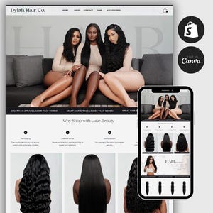 May include: A website homepage for Dylah Hair Co. featuring three women with long, dark hair. The site includes navigation links, a shopping cart icon, and a mobile phone displaying the website. Text includes "Great Hair Speaks Louder Than Words!"