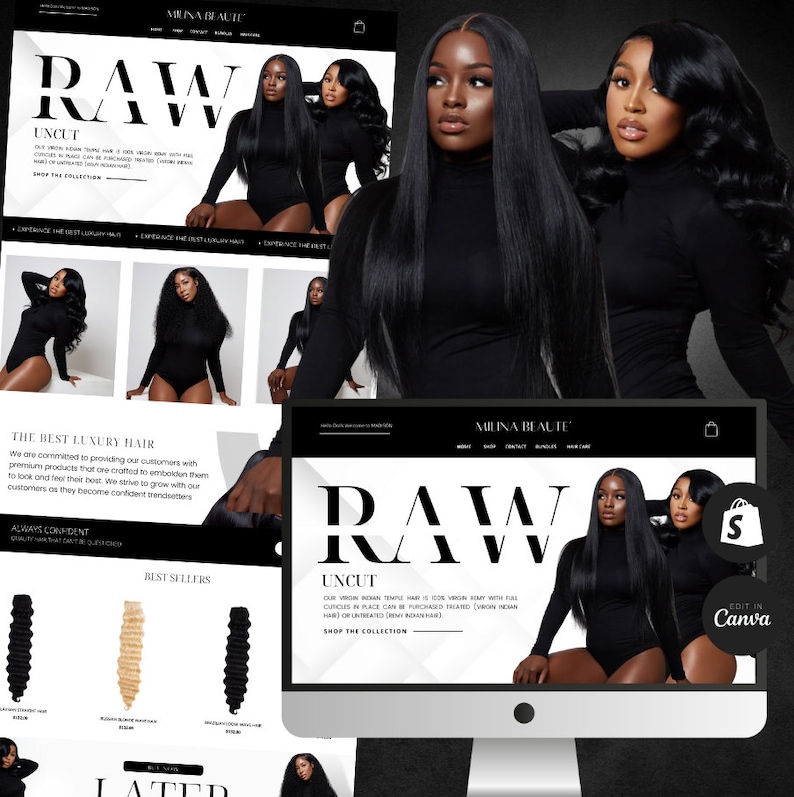 May include: A website homepage for a hair extension company called Milina Beaute. The website features a black and white color scheme with the text "RAW UNCUT" in large, bold letters. The website also features images of women with long, black hair extensions.