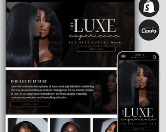 May include: Website homepage for Luxe Beaute, a hair extensions company. The website features a black and gold color scheme with images of women wearing hair extensions. The text "The Luxe Experience" is displayed in a large font with the tagline "The Best Luxury Hair".