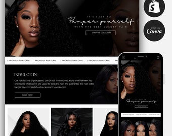 May include: Website homepage for a hair extension company called Luxe Hair. The website features a black and white color scheme with images of women with long, curly hair. The text on the website reads "It's easy to pamper yourself with the best luxury hair." and "Indulge in".