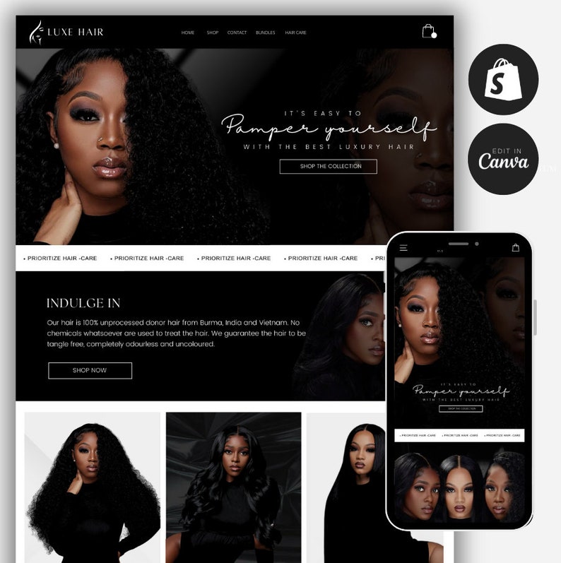 May include: Website homepage for a hair extension company called Luxe Hair. The website features a black and white color scheme with images of women with long, curly hair. The text on the website reads "It's easy to pamper yourself with the best luxury hair." and "Indulge in".