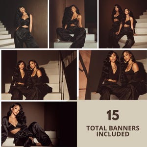 Op de afbeelding: Verschillende afbeeldingen van vrouwen in zwarte satijnen outfits, waaronder een crop top en wijde broek. De foto's zijn genomen op een trap en bevatten de tekst "15 TOTAL BANNERS INCLUDED".