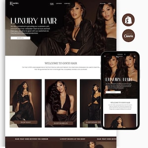 May include: A website design for Kamora, featuring the words "LUXURY HAIR" in large font. The site showcases images of women with long, dark hair. The website is also displayed on a smartphone, with options to shop wavy, bundles, and Indian straight hair.