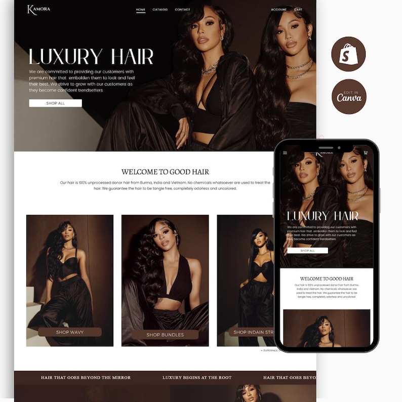 Op de afbeelding: Website-ontwerp voor Kamora, met de woorden "LUXURY HAIR" prominent weergegeven. De site toont afbeeldingen van vrouwen met lang, donker haar. De website wordt ook weergegeven op een smartphone, met opties om golvend, gebundeld en Indiaas steil haar te kopen.