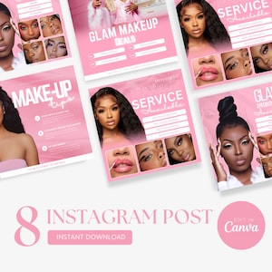 8 Instagram メイクアップ投稿、ヘアスタイリスト投稿、Canva Instagram テンプレート、ウィッグ Instagram テンプレート、ラッシュテック Instagram 投稿、即時ダウンロード