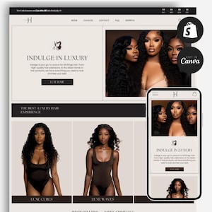 May include: Website design featuring a beauty brand. The main image showcases four women with long, wavy hair. The site includes sections for hair extensions, with the text "Indulge in Luxury" and "Luxe Hair."
