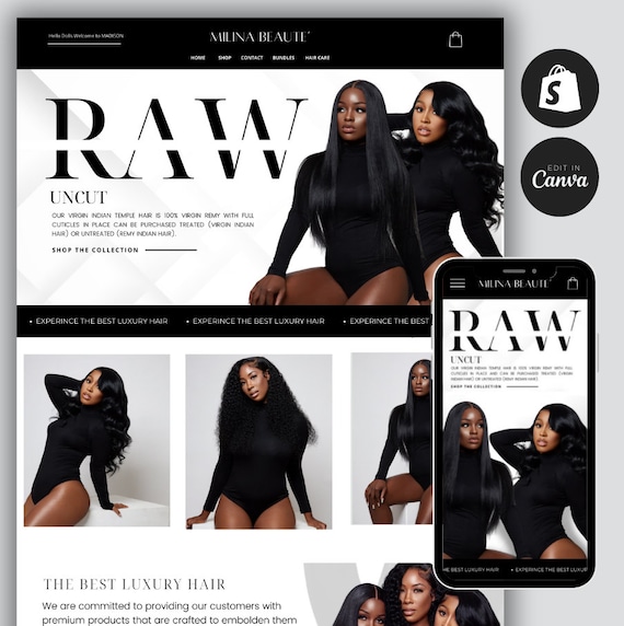 Luxury Hair Shopify Website Template: Premade Theme & Canva Banners (Instant Download)