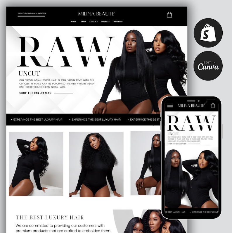 May include: Website homepage for Milina Beaute, a hair company that sells raw, unprocessed human hair extensions. The website features a black and white color scheme with a bold graphic design. The text "RAW UNCUT" is prominently displayed on the page, along with images of models wearing different styles of hair extensions.