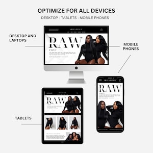 May include: A website mockup showing how a website looks on different devices, including a desktop computer, tablet, and mobile phone. The website is for a hair company called Mina Beaute and features the text "RAW UNCUT" in large, bold letters.