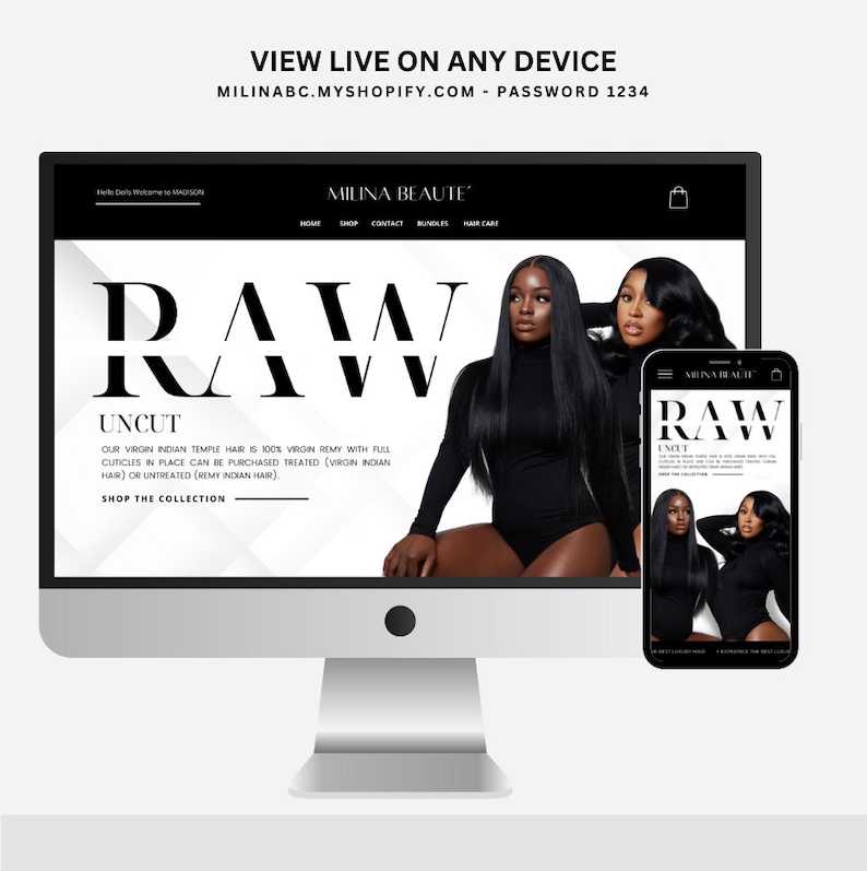 May include: A computer screen and a mobile phone both display a website for a hair company called "Milina Beaute". The website features a black and white design with the word "RAW" in large letters. The text on the website reads "Our virgin Indian temple hair is 100% virgin remy with full cuticles in place can be purchased treated (virgin Indian hair) or untreated (remy Indian hair). Shop the collection."