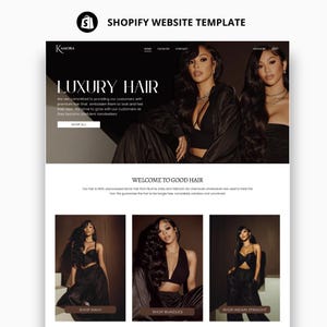 Op de afbeelding: Een Shopify website template voor een luxe haarmerk. De website heeft een zwart-wit ontwerp met afbeeldingen van modellen met lang, donker haar. Tekst bevat "Luxury Hair" en "Shop All".