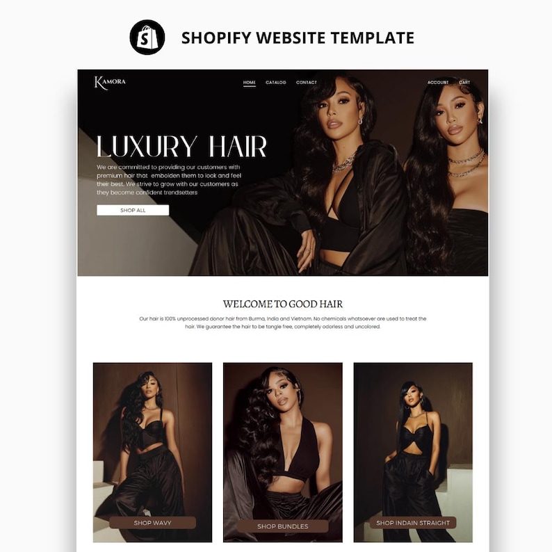 Op de afbeelding: Een Shopify website template voor een luxe haarmerk. De website heeft een zwart-wit ontwerp met afbeeldingen van modellen met lang, donker haar. Tekst bevat "Luxury Hair" en "Shop All".