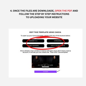 May include: A screenshot of a website with a purple background and a white button that says "Use template". The website is for editing a Canva template for a hair salon. The template includes a banner with the text "LUXURY HAIR" and a photo of two women with long hair.