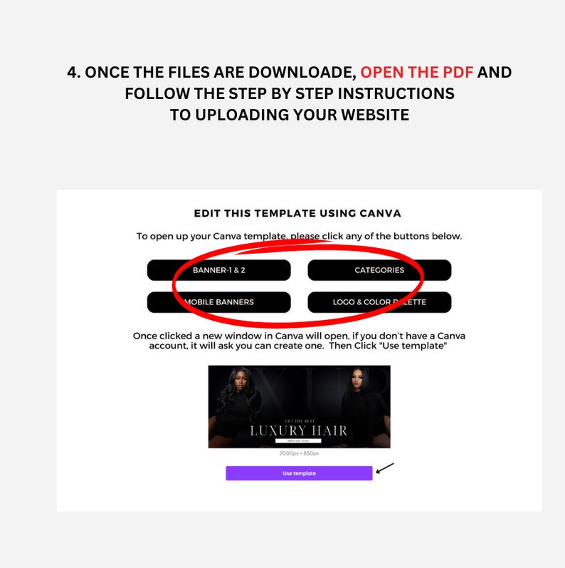 May include: A screenshot of a website with a purple background and a white button that says "Use template". The website is for editing a Canva template for a hair salon. The template includes a banner with the text "LUXURY HAIR" and a photo of two women with long hair.