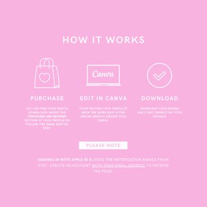 May include: Pink background with white text explaining how to purchase, edit, and download a digital template. The text says "How it Works" and includes three steps: "Purchase", "Edit in Canva", and "Download".