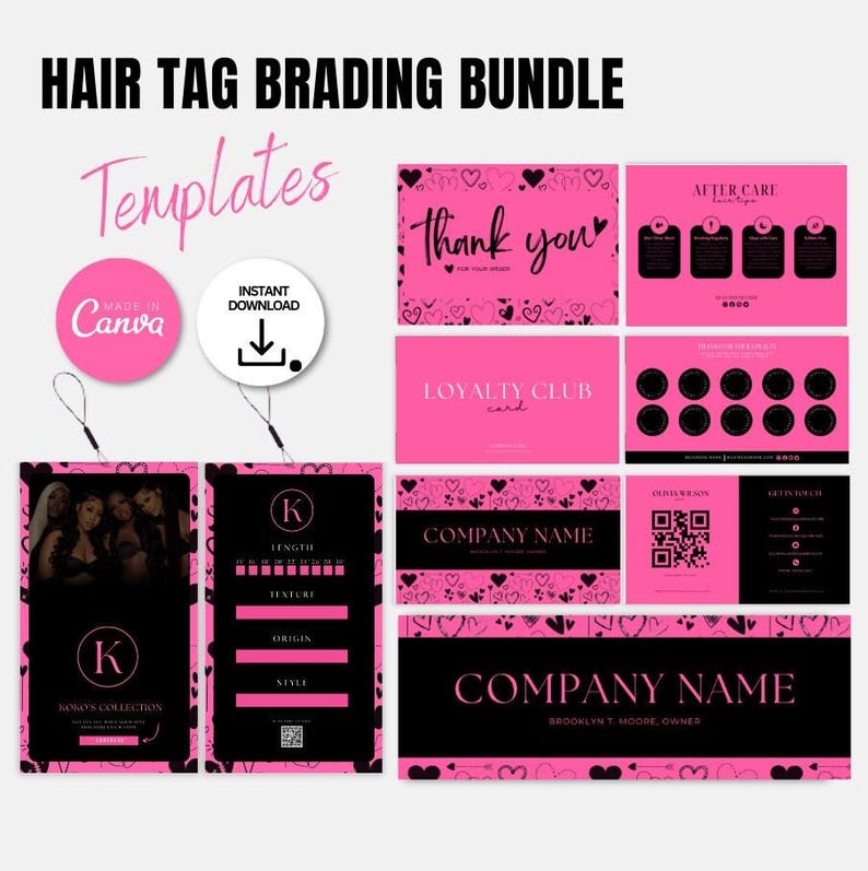 May include: Pink and black hair tag templates with hearts and the text "Thank you!" and "Company Name". The templates are designed for braiding hair salons and include a loyalty card, aftercare instructions, and a tag with a place for a photo and information about the hair.
