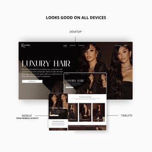 Op de afbeelding: Een website-ontwerp voor een luxe haarmerk, weergegeven op desktop, tablet en mobiele apparaten. Het ontwerp bevat de merknaam "KAMORA" en de tekst "LUXURY HAIR". De website toont afbeeldingen van vrouwen met lang, donker haar.