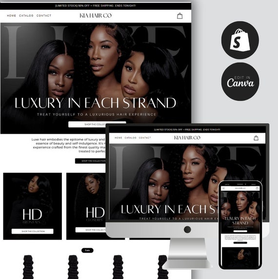 Luxury Hair Shopify Theme: Editable Canva Banners