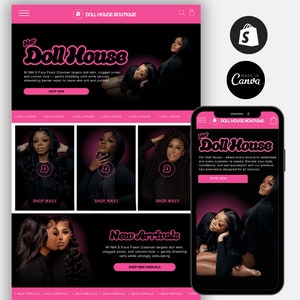 May include: A website homepage for a hair extensions company called "Her Doll House". The website features a pink and black color scheme with images of women wearing different hair extensions. The text "Her Doll House" is written in a bold, pink font. The website also includes a call to action to "Shop Now".