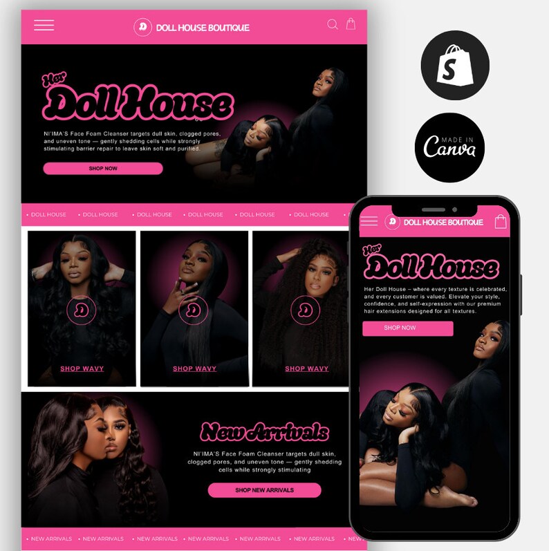 May include: A website homepage for a hair extensions company called "Her Doll House". The website features a pink and black color scheme with images of women wearing different hair extensions. The text "Her Doll House" is written in a bold, pink font. The website also includes a call to action to "Shop Now".