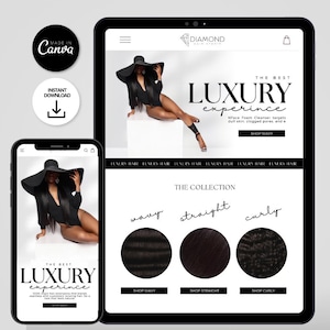 May include: A digital display of a website for Diamond Hair Studio, showcasing luxury hair extensions. The website features a model with long, black hair and a wide-brimmed hat. The site also displays wavy, straight, and curly hair options.