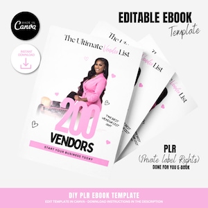 May include: A pink and white ebook cover template with the text "The Ultimate Vendor List" and "200 Vendors" in black. The cover features a woman in a pink blazer and a pink car. The text "PLR (Private Label Rights) Done for You E-Book" is also visible.