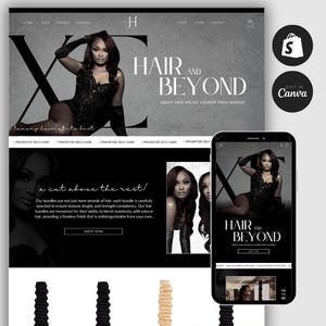 Peut inclure: Conception de site web pour une marque d'extensions capillaires, avec un modèle aux longs cheveux foncés. L'en-tête du site indique "HAIR AND BEYOND" avec le slogan "GREAT HAIR SPEAKS LOUDER THAN WORDS !" Un smartphone affiche le site web.