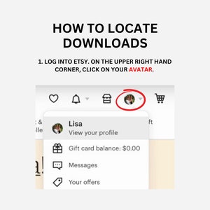 May include: A screenshot of a computer screen showing the Etsy website. The screen shows a user's profile with options to view their profile, check their gift card balance, view messages, and see their offers. The user's profile picture is a woman with dark hair.