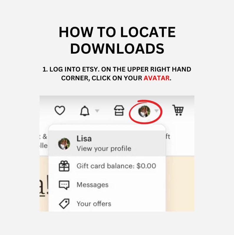 May include: A screenshot of a computer screen showing the Etsy website. The screen shows a user's profile with options to view their profile, check their gift card balance, view messages, and see their offers. The user's profile picture is a woman with dark hair.