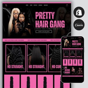 May include: A website design with a black and pink color scheme, featuring the text "PRETTY HAIR GANG." The site showcases various hair products, including HD Straight and HD Curls. A smartphone displays the website's mobile version.