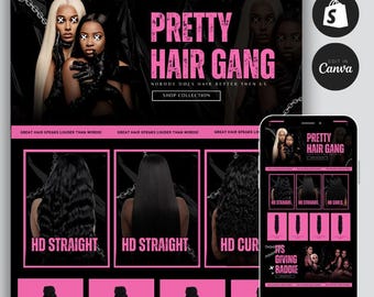 Premade Hair Website Template:  Luxury Shopify Theme, Editable Canva Banners (Instant Download)