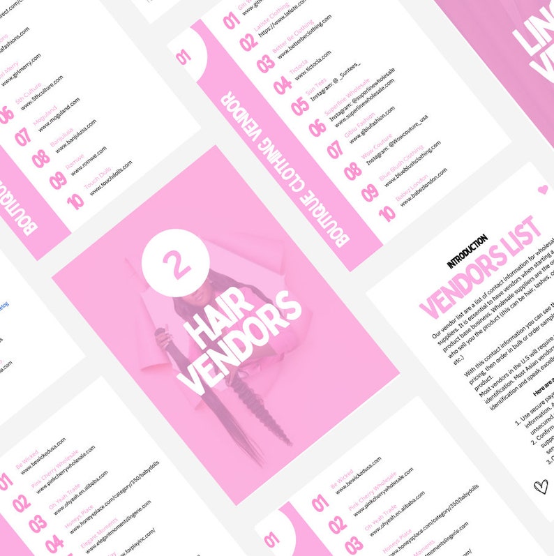 May include: A pink and white graphic with the text "Hair Vendors" in bold black letters. The graphic features a woman with long, dark hair. The graphic also includes a list of hair vendors with their website addresses.
