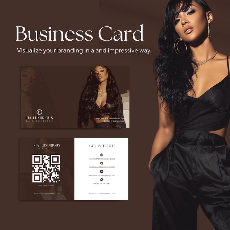 Op de afbeelding: Visitekaartontwerp met de tekst "Business Card" en "Visualiseer uw branding op een indrukwekkende manier." De kaart toont het logo van Kia Luxurious Hair Boutique en contactgegevens.