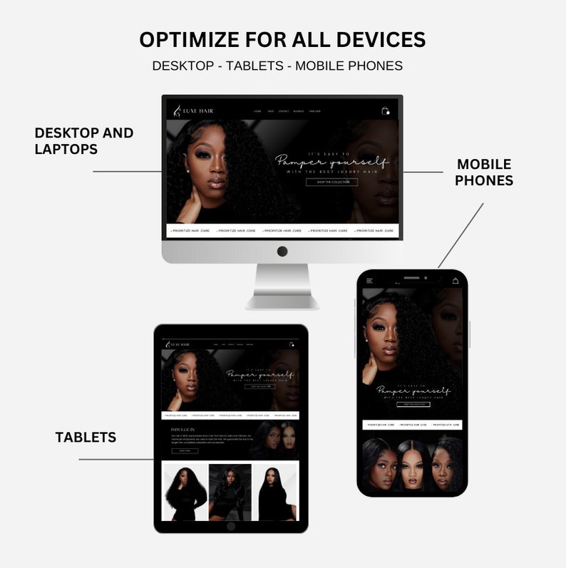 May include: A website screenshot showing how a website looks on different devices, including a desktop computer, tablet, and mobile phone. The website is for a hair extension company called Luxe Hair. The website's tagline is "It's easy to Pamper yourself with the best luxury hair".