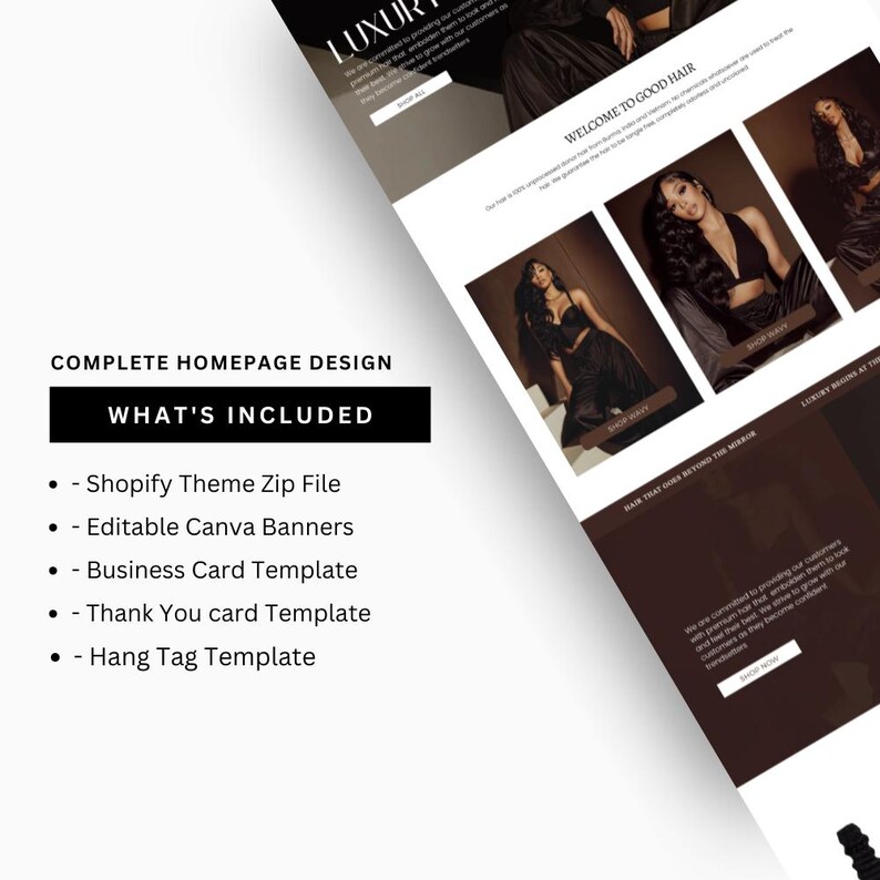 Op de afbeelding: Een website-ontwerpmodel met een donkerbruin en wit kleurenschema. Het ontwerp bevat afbeeldingen van vrouwen met lang haar en tekst die luidt "WELCOME TO GOOD HAIR" en "COMPLETE HOMEPAGE DESIGN". De afbeelding bevat ook items zoals Shopify Theme Zip File en Editable Canva Banners.