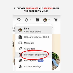 May include: A screenshot of a dropdown menu on a mobile device. The menu options include "View your profile", "Gift card balance: $0.00", "Messages", "Your offers", "Purchases and reviews", "Your impact", and "Account settings".