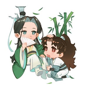 Puede incluir: Ilustración de dos personajes de estilo anime. Un personaje sostiene un abanico y viste un atuendo verde y blanco. El otro personaje está arrodillado y viste un atuendo blanco y azul. Hay tallos de bambú en el fondo.