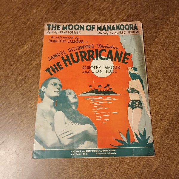 Vintage Sheet Music 1937 The Moon of Manakoora Samuel Goldwyn's The Hurricane Dorothy Lamour Jon Hall 30's Music Ephemera Tropical Movie