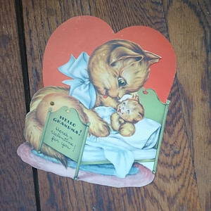 Tarjeta de San Valentín articulada vintage con diseño de abuela, gatito, gato y bebé, tarjeta de felicitación grande, años 30 y 40, papel efímero, amor.