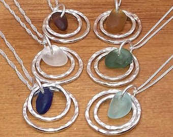 Vindolanda | Tiny Seaglass Hammered Circle Necklace | Dainty Double Ring Pendant | 925 Sterling Silver | Chain Included | Genuine Sea Glass