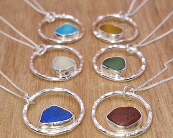 Kielder | Hammered Circle Seaglass Bezel Necklace | Dainty Ring Pendant | 925 Sterling Silver | Chain Included | Genuine Sea Glass