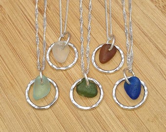 Warkworth | Dainty Seaglass Ring Pendant | 925 Sterling Silver Hammered Circle Necklace | Chain Included | Genuine Sea Glass