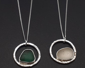 Seaglass Necklace Hammered Circle Encased Bezel / 925 Recycled Sterling Silver / Artisan Handmade in Northumberland