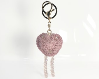 Pink Crochet Heart Keychain: Beaded Tassel Bag Charm
