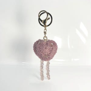 Pink Crochet Love Heart Keychain with Beaded Tassels - Handmade Bag Charm Gift